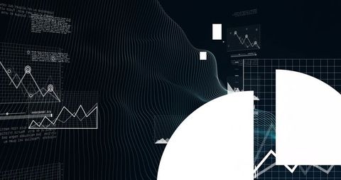 Abstract Data Dashboard with Wireframe Waves, White Semicircles and Line Graphs