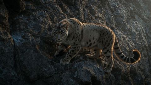 Majestic snow leopard climbing rocky mountain at dusk