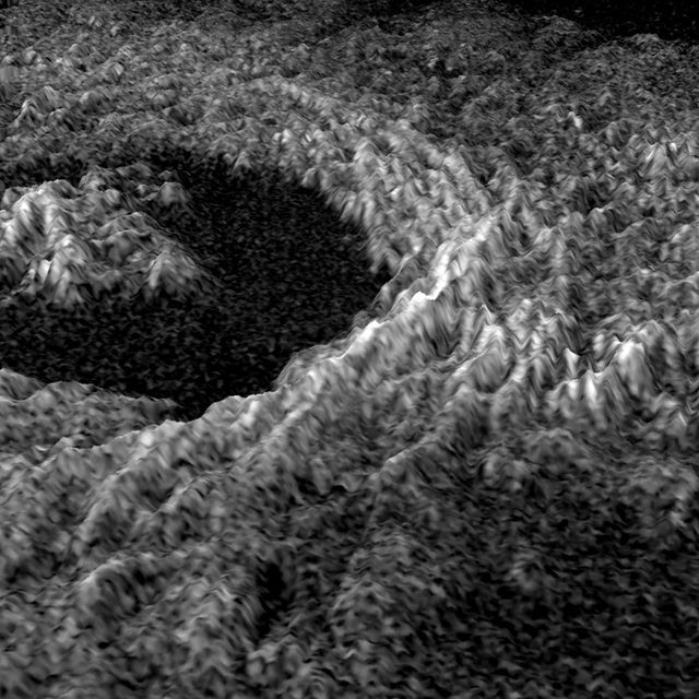 3D visualization displaying detailed structural features of Golubkina crater created using NASA Magellan radar data. It prominently shows the variations in brightness to represent topographic differences. Useful for educational materials on planetary science, Mars or Venus analyses, presentations on space exploration, and scientific publications.