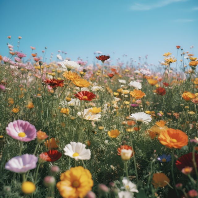 Vibrant wildflowers bloom in a picturesque meadow under a clear blue sky. This colorful natural scene evokes feelings of peace and joy, and can be used for spring and summer themes, environmental awareness campaigns, gardening advertisements, and nature-focused publications.