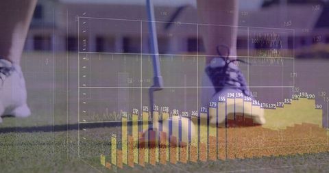 Golfer Aligning Putter on Green with Performance Analytics Overlay