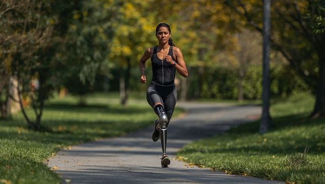 Female Athlete with Prosthetic Blades Running in Park