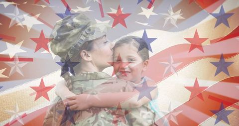 American Soldier Mother Embracing Daughter with USA Flag Overlay