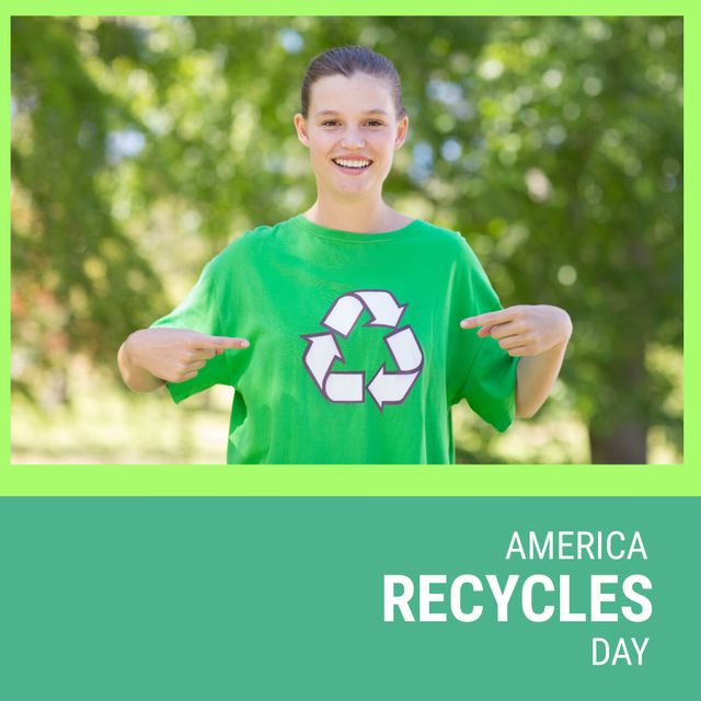 Woman in a bright green T-shirt with a recycling symbol, standing outdoors. Light is highlighting her determined yet cheerful expression as she points at her T-shirt, symbolizing eco-consciousness. Perfect for campaigns promoting environmental awareness, recycling programs, and sustainability efforts.