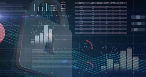 Cybersecurity Dashboard with Padlock and Bar Chart Analytics