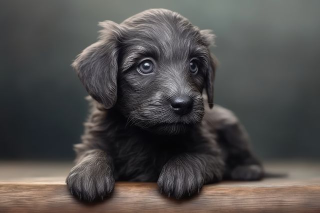 Portrait of cute grey puppy with dark eyes lying on wood, created using generative ai technology. Dogs, domestic animals and pets concept digitally generated image.