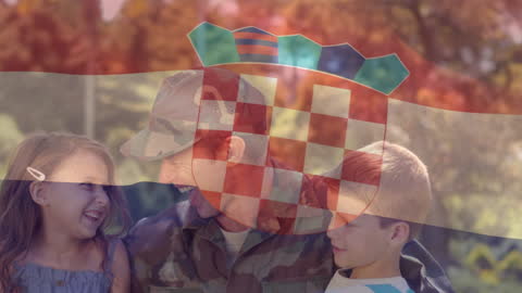 Patriotic Soldier Embracing Children with Croatian Flag Overlay