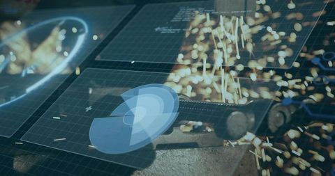 Industrial metal grinding with digital HUD overlay, bench vise sparks and steel machining