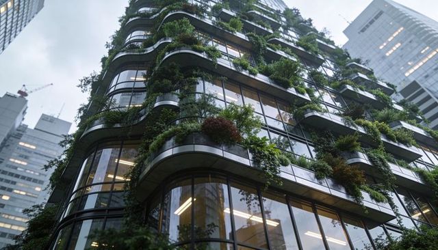 Sustainable tower featuring curved glass facade and cascading planters in downtown