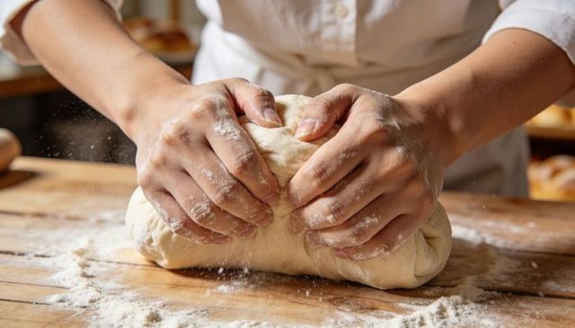 Artisan baker kneading dough on floured wooden counter hands dusted with flour close-up