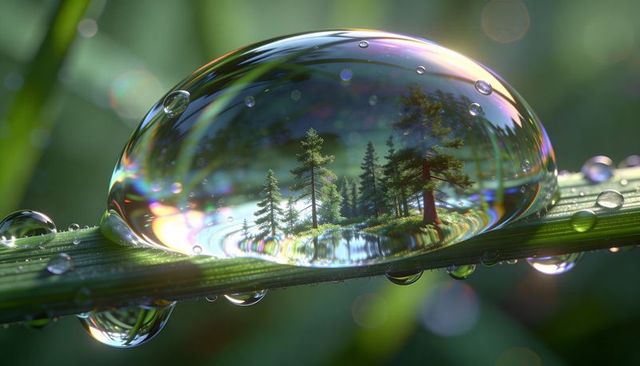 Dew drop revealing miniature pine forest and pond reflected in macro water lens
