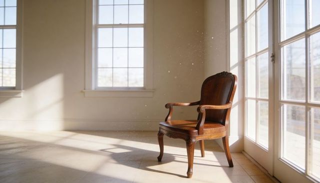 Antique armchair basking in streaming sunlight through paned glass doors with dust motes