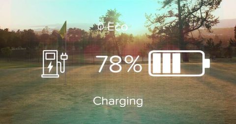 Eco charging icons on golf course at sunrise