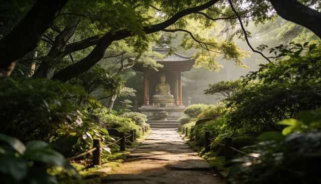 Sunlit zen garden path leading to seated buddha pavilion amid lush mossy canopy