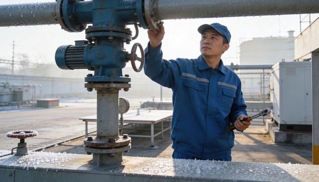 Asian technician adjusting frost-covered industrial valve on outdoor pipeline with wrench