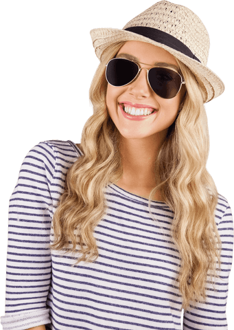 Smiling Woman with Hat and Sunglasses on Transparent Background