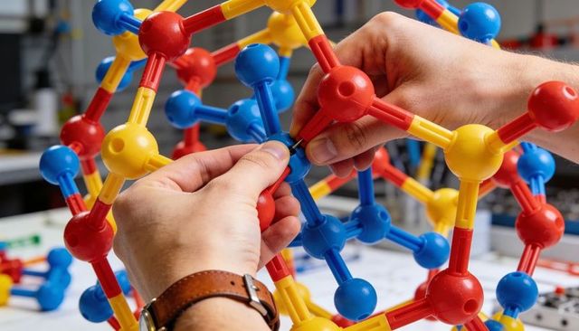 Hands assembling colorful ball-and-stick molecular model for stem education demonstration