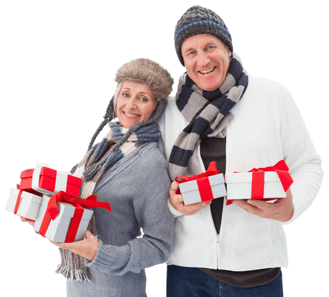 Joyful Senior Couple in Winter Attire Holding Christmas Gifts Transparent