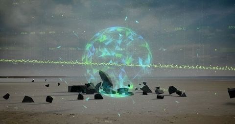 Futuristic Holographic Sphere Above Beach with Data Overlays
