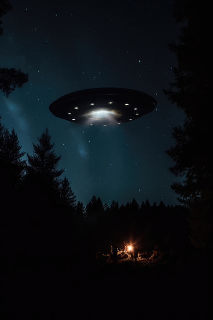 Scene captures a UFO hovering over a forest at night with bright lights emanating from the spacecraft, creating a mysterious and intriguing atmosphere. Perfect for use in science fiction projects, conspiracy theories articles, extraterrestrial themes, and mystery-related media. Suitable for book covers, movie promo materials, and themed posters.