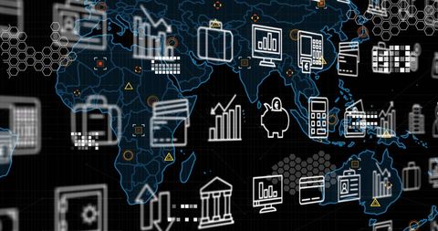 Global Business Interface with World Map and Technology Icons - Download Free Stock Images Pikwizard.com