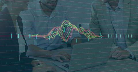 Business team reviewing financial data on laptop with candlestick chart overlay for analysis