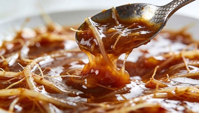 Spoon lifting glossy brown ginger syrup with shredded ginger strands and caramel texture