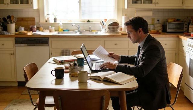 Executive working from home in cozy kitchen at table with laptop paperwork and coffee