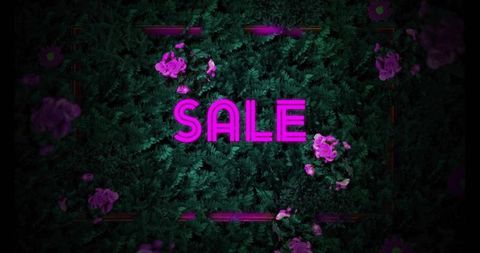 Magenta neon sale sign on lush green foliage wall with pink roses and neon bars for retail promo