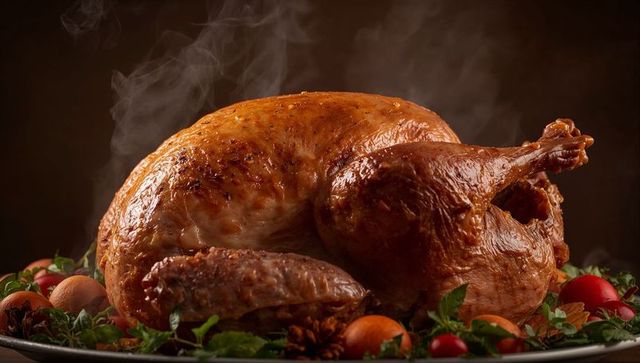 Steaming Golden Turkey on Holiday Platter with Citrus and Herb Garnish