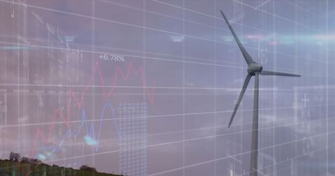 Digital Financial Data Overlaid on Electric Windmill Backdrop