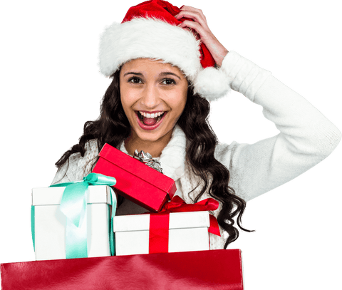 Happy Woman Wearing Red and White Santa Hat Holding Christmas Gifts Transparent