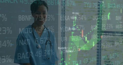 Female Doctor with Data Overlay Illustrating Medical Trends