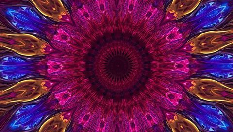 Radiant metallic mandala kaleidoscope with gold droplets, vivid floral radial symmetry