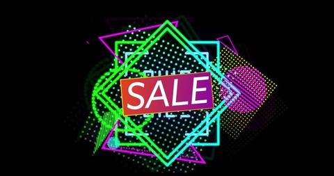 Vibrant neon geometric sale sign on black background