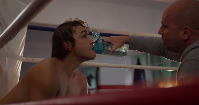 Boxer taking a break while trainer provides water in a boxing gym - Download Free Stock Images Pikwizard.com