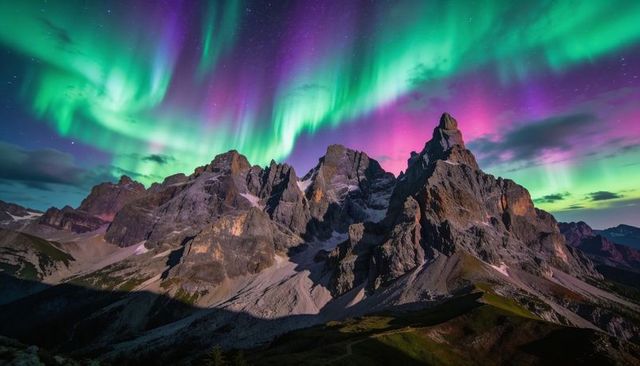 Aurora illuminating jagged alpine peaks under starlit sky with colorful northern lights