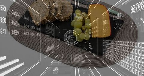 Topdown futuristic food tech: cheese wedge grapes bread placemat with hud overlay