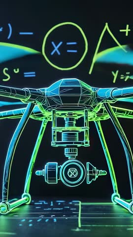 Neon Wireframe Quadcopter Powering Up and Descending over Glowing Grid Vertical Video
