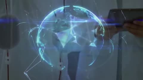 Doctors Using Tablet to Visualize Holographic Data Globe in Laboratory