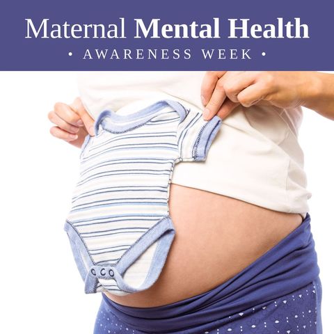 Maternal mental health awareness with pregnant woman holding baby gro