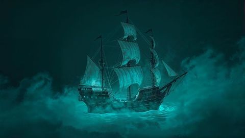 Mysterious teal pirate ship sailing through misty night waters