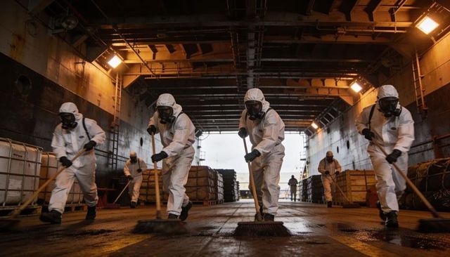 Workers in hazmat suits sweeping wet cargo ship deck during decontamination