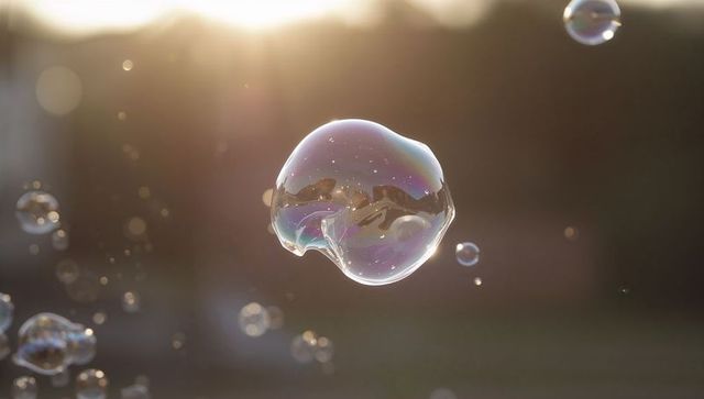 Iridescent Soap Bubble Reflecting Skyline at Golden Hour with Bokeh, Lens Flare, Sparkle