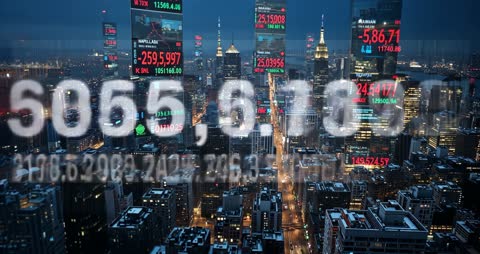 Data Shifting with Stock Projections over Dusk Cityscape