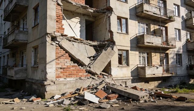 Collapsing corner of apartment block exposing brick and rebar with rubble on street