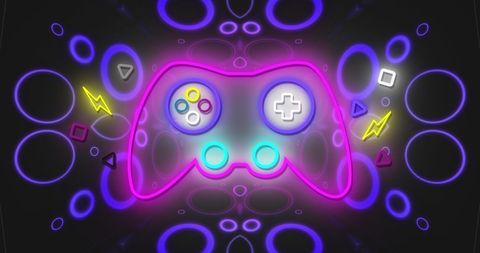 Neon Gaming Controller Amidst Glowing Digital Symbols - Download Free Stock Images Pikwizard.com