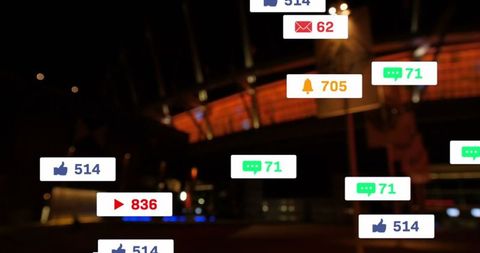 Social Media Interface Icons Overlaying Modern Cityscape