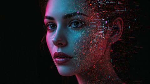 Futuristic Cyberpunk Portrait with Glitch Effect in Neon Lighting