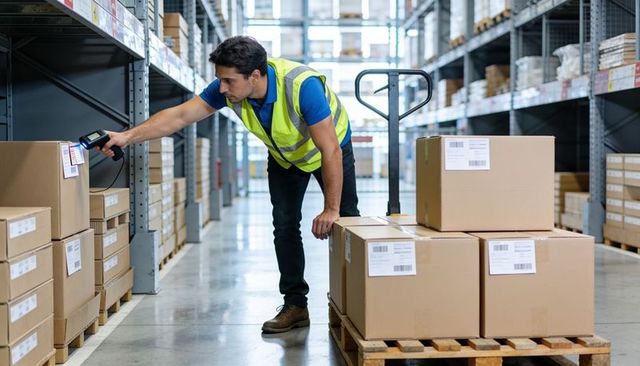 Warehouse worker scanning barcodes on boxes with pallet jack in modern distribution center